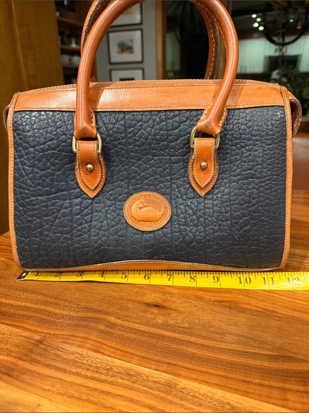 Dooney & Bourke Black Pebble Leather Satchel with Tan Trim